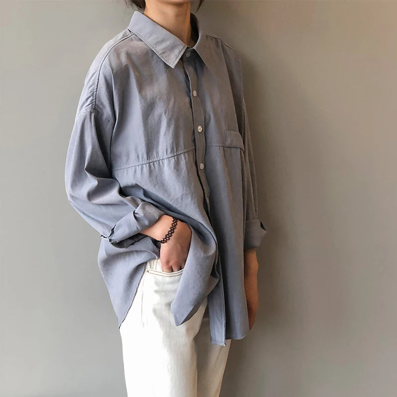 Minimalist Loose White Shirts for Women Turn-Down Collar Solid Female Shirts Tops 2020 Spring Summer Blouses