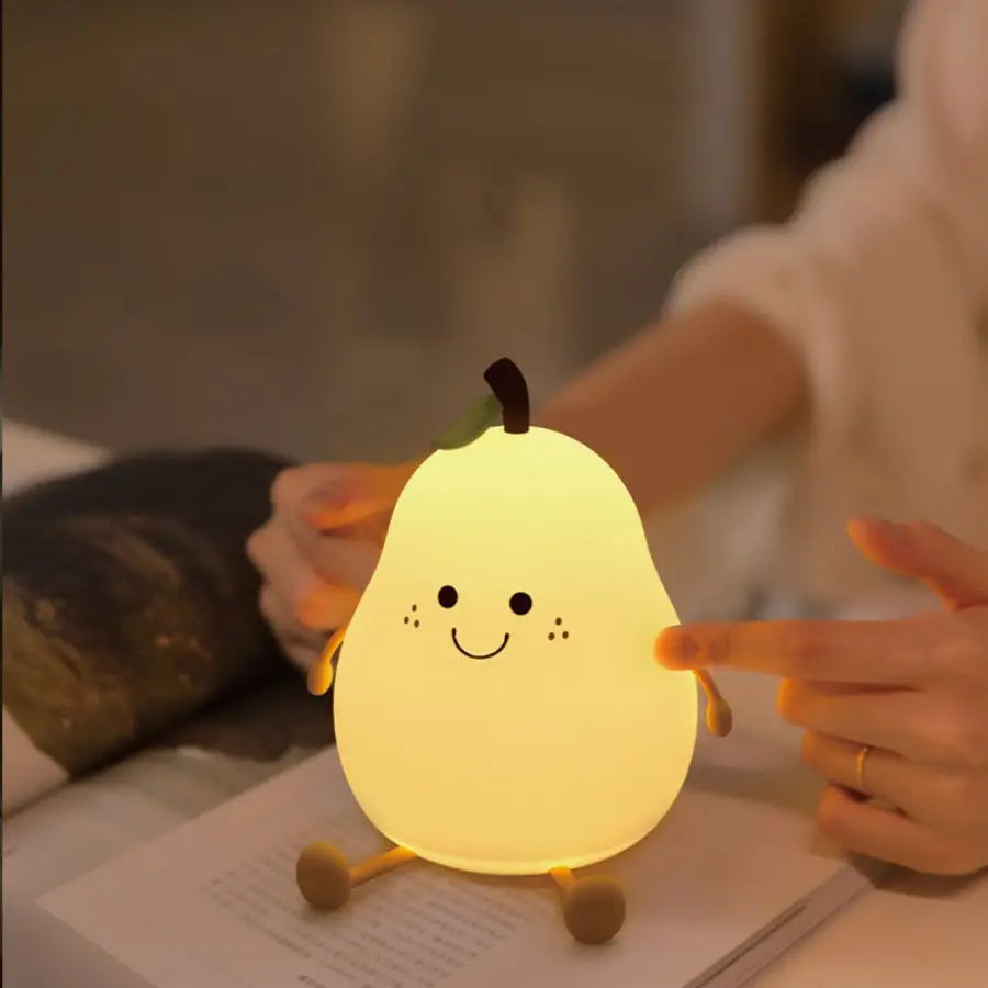 LED Pear Fruit Silicone Night Light 7 Colors Dimming Touch USB Rechargeable Cartoon Bedside Lamp Bedroom Decor Cute Kid Gift