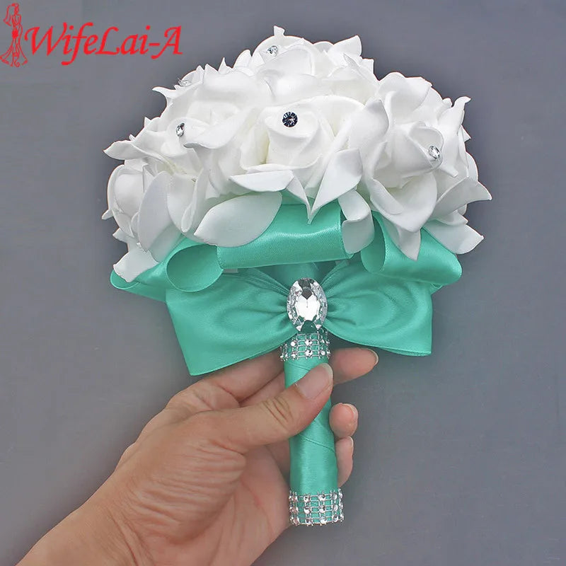 Cheap Prom Baby Blue Flower Brooch Wedding Bouquet De Mariage Wedding Bouquets PE Rose Diamond Ribbon Bouquet W2017D