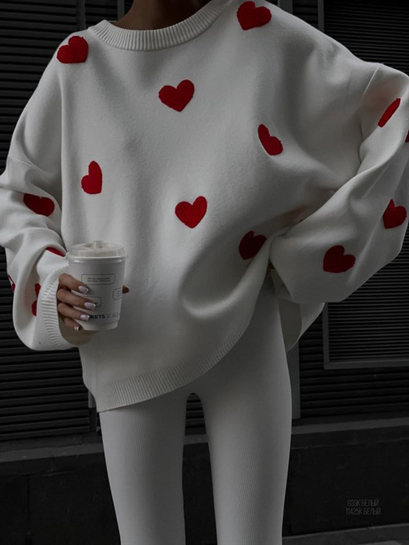 Long Sleeve Loose Heart-Shaped round Neck Sweater for Women Autumn and Winter