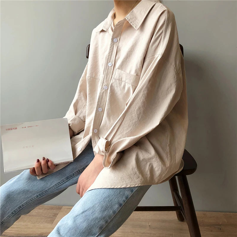 Minimalist Loose White Shirts for Women Turn-Down Collar Solid Female Shirts Tops 2020 Spring Summer Blouses